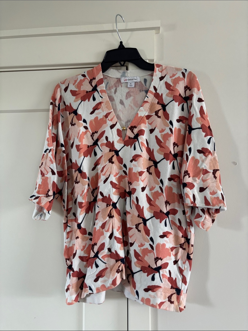 Liz Claiborne Coral and White Floral V-Neck Tunic